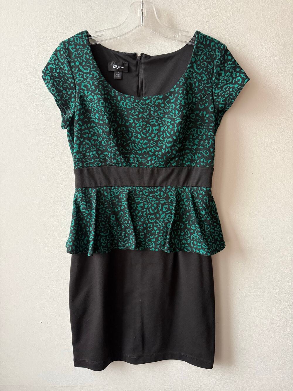 IZ Byer Retro Green Black Party Dress Y2K 80s Peplum Bodycon Cat Print Size 7